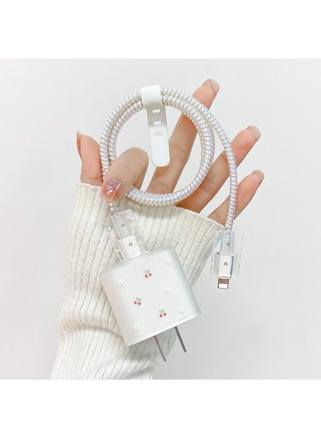 Frosted For Apple 20w/18w Charging Head Cover Data Line Protective Cover Bite Cherry Blossom-Color:Colored Tulips [five-piece Set-big Head 1-small Head 2-protection Rope 1-strap 1]