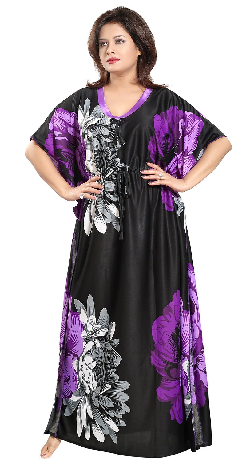 Noty Store Noty Women's Kaftan Nighty | Serena Fabric | Floral Print Maxi | Short Sleeves | V Shaped Neck (XXXX-Large, Purple & Black) - Image 1