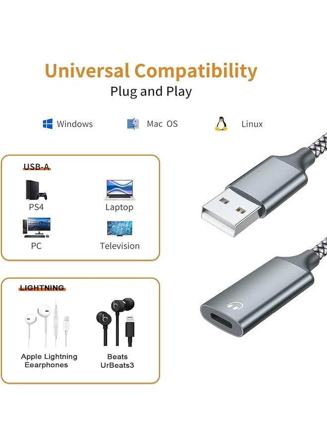 erorex - Usb A To Lightning Audio Adapter Cable Usb 3.0 Male To Lightning Female Hifi Audio Headphones Converter Fit Macbook Computer Pc Headphone Earbuds Mic Nylon Braided - Image 1