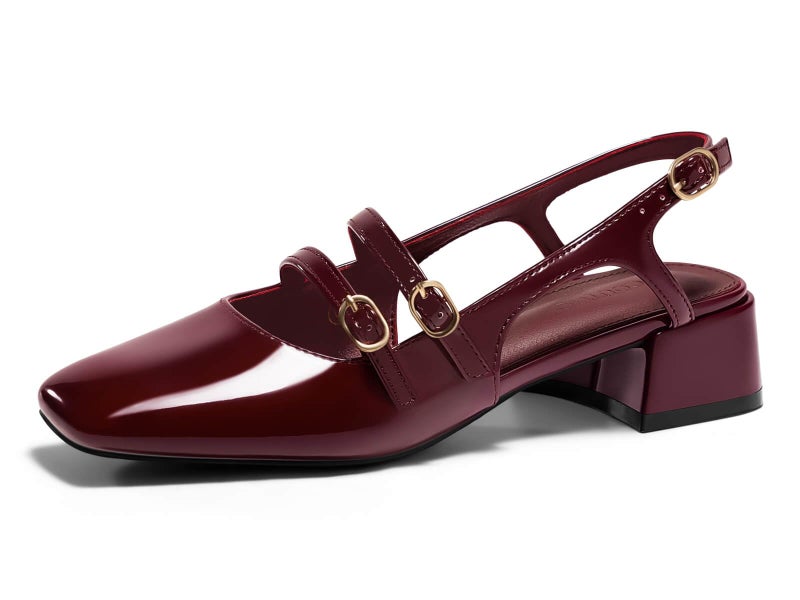 Coutgo Womens Mary Jane Chunky Low Heels Slingback Pumps Closed Square Toe Wedding Dress Shoes, Dark Red, Size 8 - Image 1