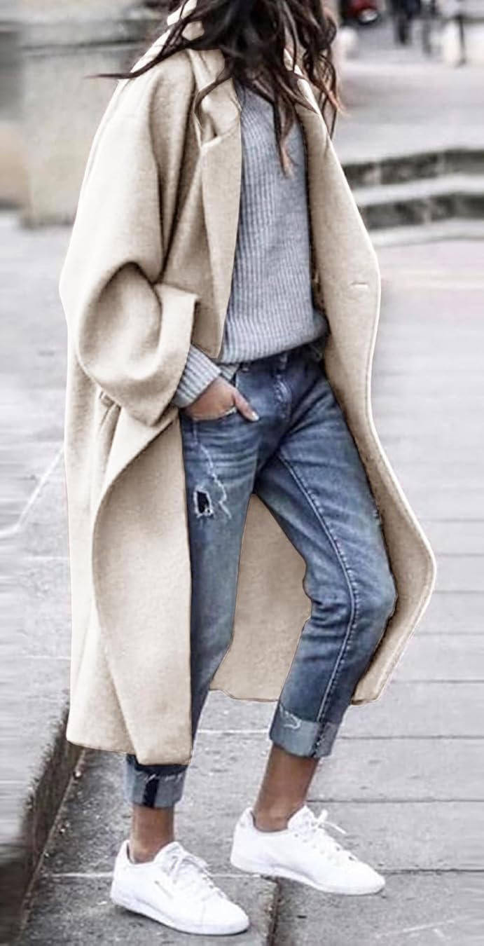 LNKQA Women's Winter Pea Coat Notch Lapel Single Breasted Oversized Long Casual Wool Blend Overcoat (Beige,X-Large) - Image 1