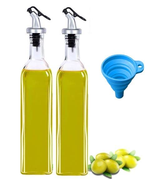 KIDINGTON Premium Glass Oil Dispenser Bottle with 1 Silicone Foldable Rubber Funnel for Bottle Filling Transparent Oil Pourer 500 ML Pack of 2 - Image 1