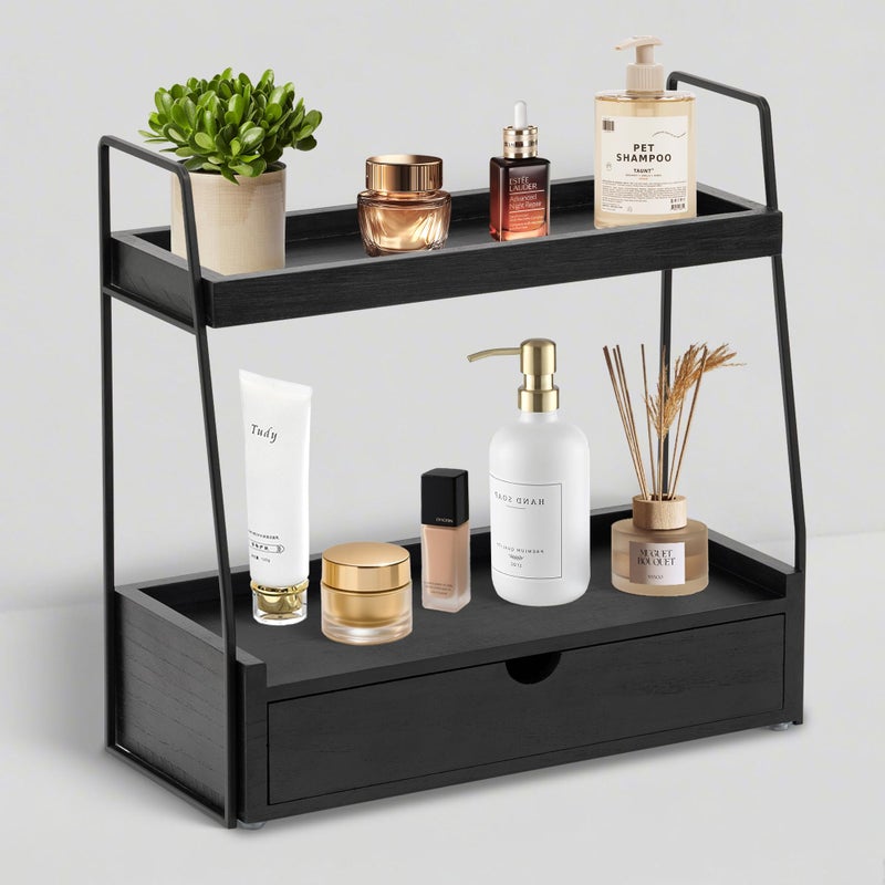 dreampossible 2Tier Bathroom Organizer Countertop with Drawer Wood Counter Organizer for Bathroom Decor Sink Shelf for Vanity Storage Makeup Tray for Perfume Skincare Spice Rack Bedroom Kitchen Corner - Image 2