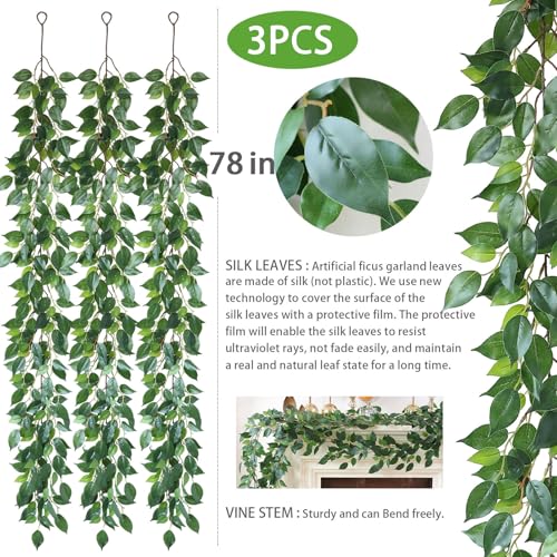 Mizii 3 Packs Artificial Vines Garland 78'' Fake Ficus Vine Greenery Garland Silk Green Leaves Decoration Faux Hanging Plants for Wedding Table Centerpieces Wall Room Decor (78in) - Image 2