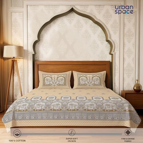 Urban Space Regal 300 TC 100% Cotton Bedsheet for Double Bed, Panel Design Bedsheet, Printed Queen Size Bed Sheet with 2 Pillow Covers (90 x 108 Inches, Vanraj Beige) - Image 3