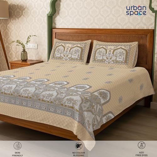 Urban Space Regal 300 TC 100% Cotton Bedsheet for Double Bed, Panel Design Bedsheet, Printed Queen Size Bed Sheet with 2 Pillow Covers (90 x 108 Inches, Vanraj Beige) - Image 4