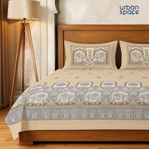 Urban Space Regal 300 TC 100% Cotton Bedsheet for Double Bed, Panel Design Bedsheet, Printed Queen Size Bed Sheet with 2 Pillow Covers (90 x 108 Inches, Vanraj Beige) - Image 2