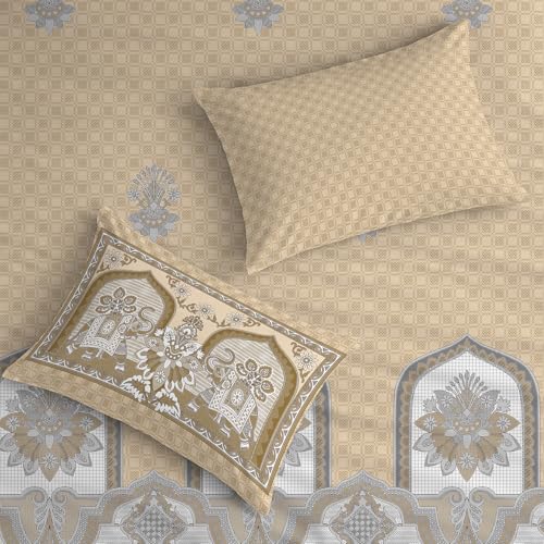 Urban Space Regal 300 TC 100% Cotton Bedsheet for Double Bed, Panel Design Bedsheet, Printed Queen Size Bed Sheet with 2 Pillow Covers (90 x 108 Inches, Vanraj Beige) - Image 1