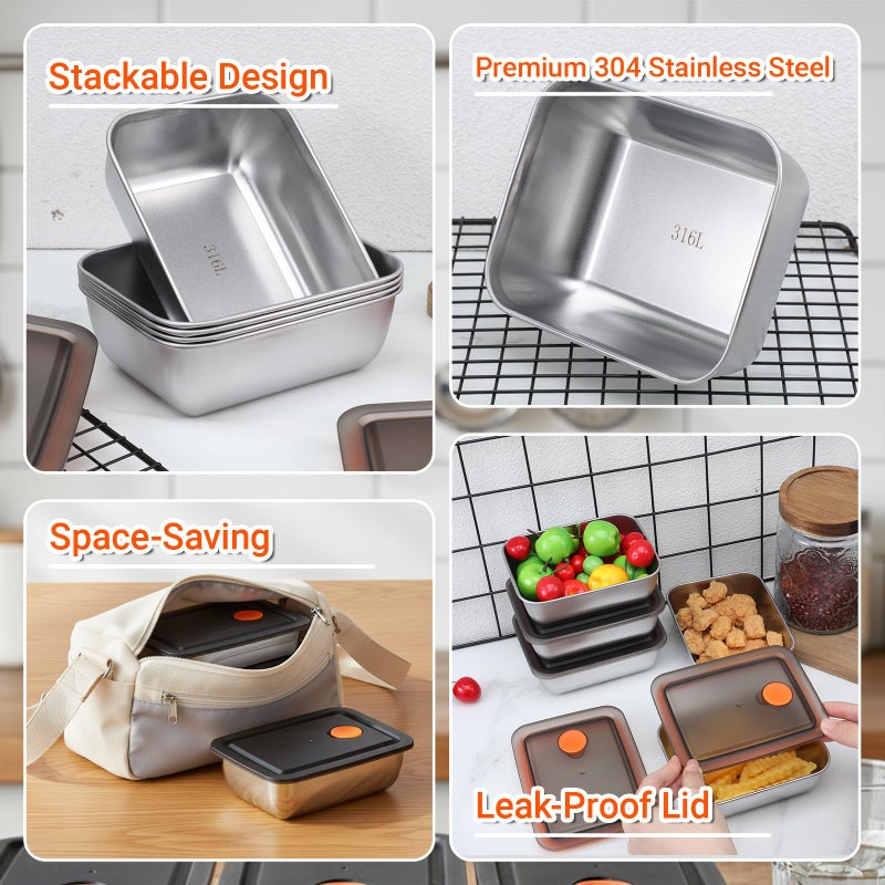 IANFAN 10 Set Stainless Steel Food Containers with Lids, Metal Leak-Proof Food Storage Containers Reusable Stackable Meal Prep Container for Lunch Picnic Travel, Dishwasher & Freezer Safe (16 oz) - Image 4