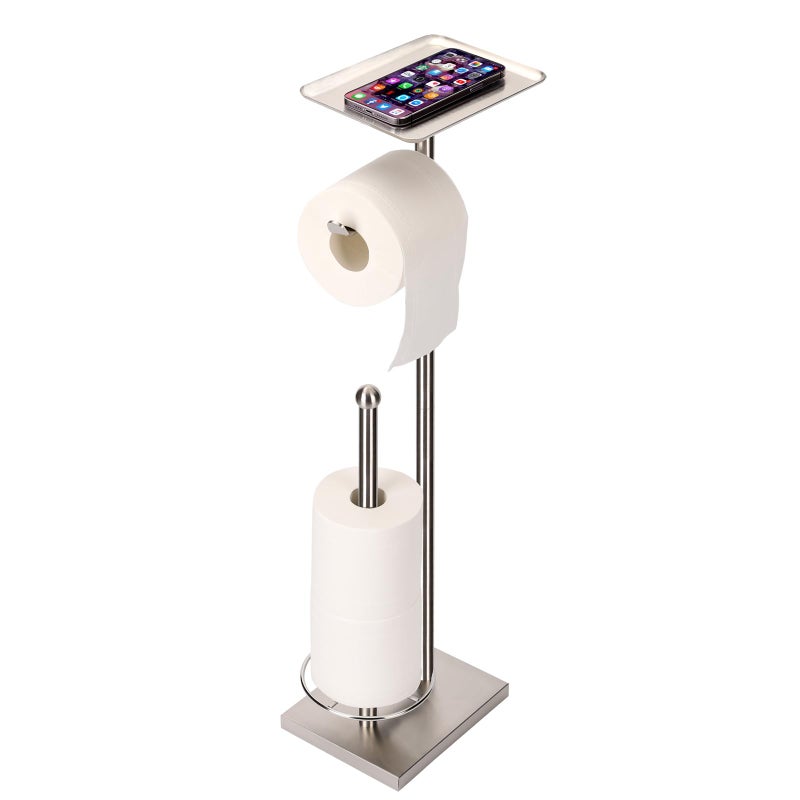 Sfemn Toilet Paper Holder with Tray at The Top HeavyWeighted Stainless Steel Base No Wobbly Freestanding Toilet Paper Rolls Stand Hold Extra 3 Paper Rolls On The Base Brushed Nickel - Image 2