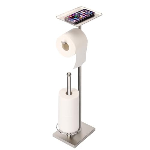Sfemn Toilet Paper Holder with Tray at The Top HeavyWeighted Stainless Steel Base No Wobbly Freestanding Toilet Paper Rolls Stand Hold Extra 3 Paper Rolls On The Base Brushed Nickel - Image 1