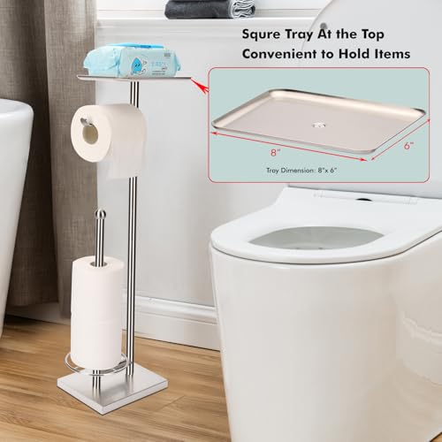 Sfemn Toilet Paper Holder with Tray at The Top HeavyWeighted Stainless Steel Base No Wobbly Freestanding Toilet Paper Rolls Stand Hold Extra 3 Paper Rolls On The Base Brushed Nickel - Image 3