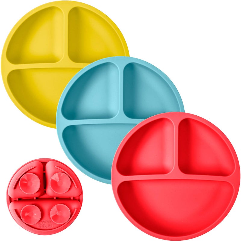 WeeSprout Suction Plates for Babies Toddlers 100 Silicone Dinnerware Stays Put Divided Design for Picky Eaters Microwave Dishwasher Friendly 3 Pack