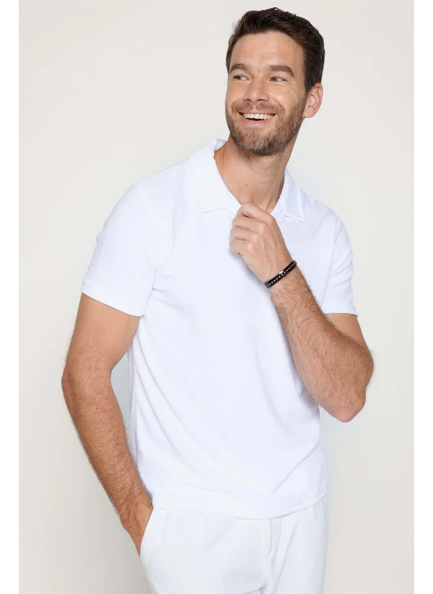تودورس Men's Polo Neck Slim Fit Terrycloth Terry Cloth White T-Shirt