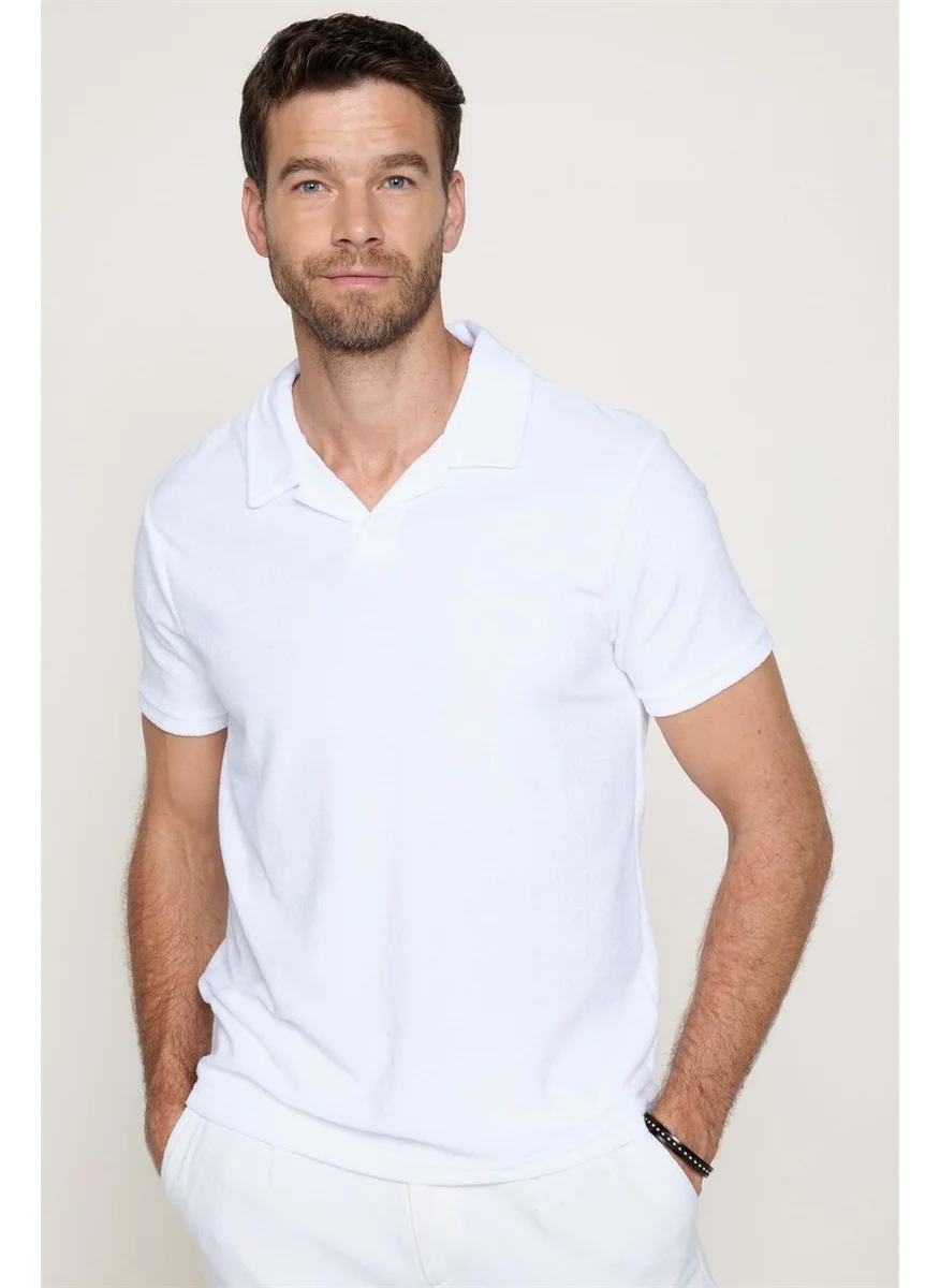تودورس Men's Polo Neck Slim Fit Terrycloth Terry Cloth White T-Shirt