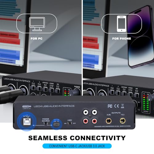 BOMGE U204 USB Audio Interface for PC Computer Recording Music, 2x2 Guitar Audio Interface for Mac 32Bit/192kHz Podcasting Streaming for Vocalist Producer with 48V Phantom - Image 4