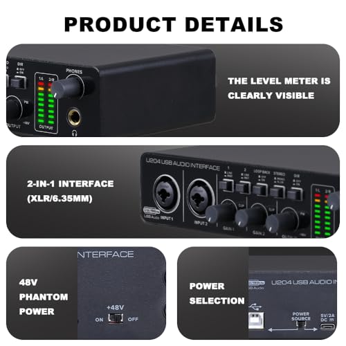 BOMGE U204 USB Audio Interface for PC Computer Recording Music, 2x2 Guitar Audio Interface for Mac 32Bit/192kHz Podcasting Streaming for Vocalist Producer with 48V Phantom - Image 2