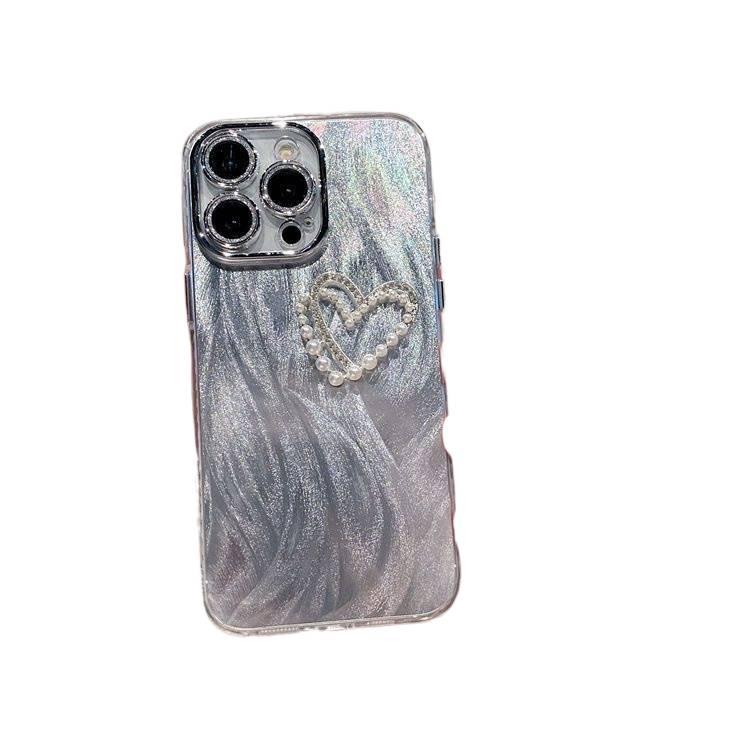 MS غطاء واقي بAcrylic لـ iPhone 14 / 14 Plus / 14 Pro / 14 Pro Max مع نقش الشاش الحريري وتصميم فيونكة مع نقش قلب مع زينة لؤلؤ باللون Feather Gauze من الأكريليك - Image 2