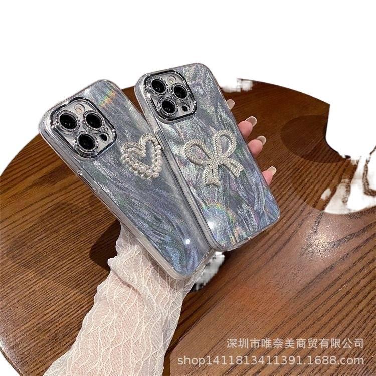MS غطاء واقي بAcrylic لـ iPhone 14 / 14 Plus / 14 Pro / 14 Pro Max مع نقش الشاش الحريري وتصميم فيونكة مع نقش قلب مع زينة لؤلؤ باللون Feather Gauze من الأكريليك - Image 4
