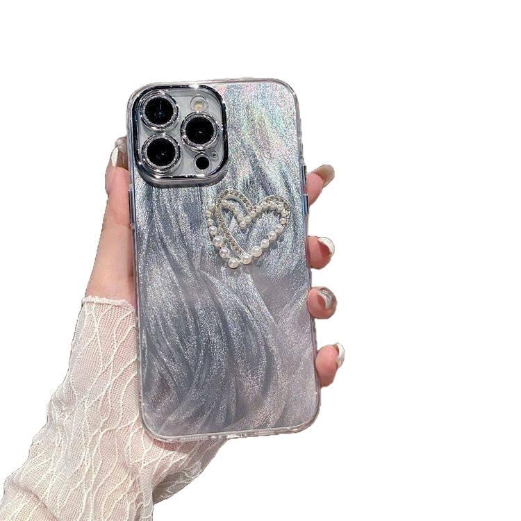 MS غطاء واقي بAcrylic لـ iPhone 14 / 14 Plus / 14 Pro / 14 Pro Max مع نقش الشاش الحريري وتصميم فيونكة مع نقش قلب مع زينة لؤلؤ باللون Feather Gauze من الأكريليك - Image 5