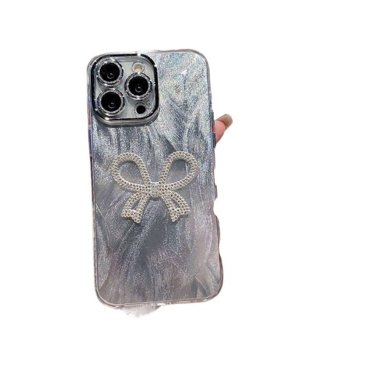 MS غطاء واقي بAcrylic لـ iPhone 14 / 14 Plus / 14 Pro / 14 Pro Max مع نقش الشاش الحريري وتصميم فيونكة مع نقش قلب مع زينة لؤلؤ باللون Feather Gauze من الأكريليك - Image 1