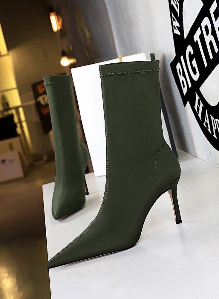 BIGTREE Fashion Simple Slim Heel High Heel Elastic Lycra Pointed Ankle Boots Green - Image 1