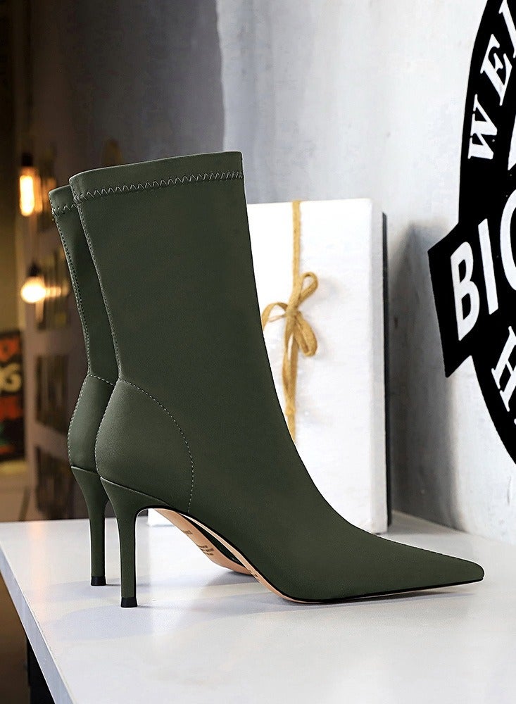 BIGTREE Fashion Simple Slim Heel High Heel Elastic Lycra Pointed Ankle Boots Green - Image 2