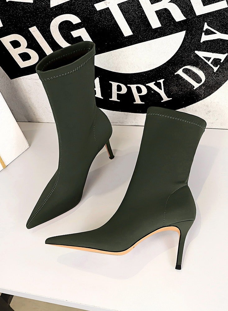 BIGTREE Fashion Simple Slim Heel High Heel Elastic Lycra Pointed Ankle Boots Green - Image 3
