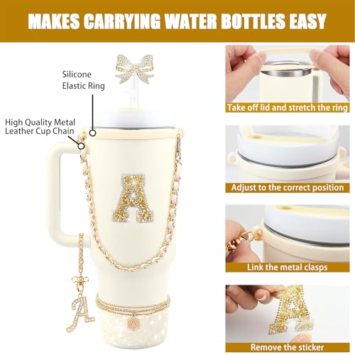 Hpebl 11PCS Gold for Stanley Cup Accessories Set 30/40 OZ Bling Rhinestones Bow Initials Charms for Stanley Decorations Tumbler Accessories Including Butterfly Straw Toppers, Tumbler Boot（Letter A） - Image 3