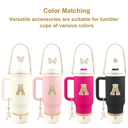 Hpebl 11PCS Gold for Stanley Cup Accessories Set 30/40 OZ Bling Rhinestones Bow Initials Charms for Stanley Decorations Tumbler Accessories Including Butterfly Straw Toppers, Tumbler Boot（Letter A） - Image 2