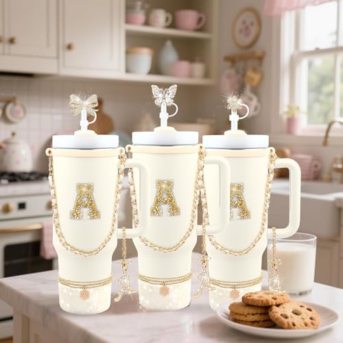 Hpebl 11PCS Gold for Stanley Cup Accessories Set 30/40 OZ Bling Rhinestones Bow Initials Charms for Stanley Decorations Tumbler Accessories Including Butterfly Straw Toppers, Tumbler Boot（Letter A） - Image 5