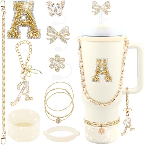 Hpebl 11PCS Gold for Stanley Cup Accessories Set 30/40 OZ Bling Rhinestones Bow Initials Charms for Stanley Decorations Tumbler Accessories Including Butterfly Straw Toppers, Tumbler Boot（Letter A） - Image 1