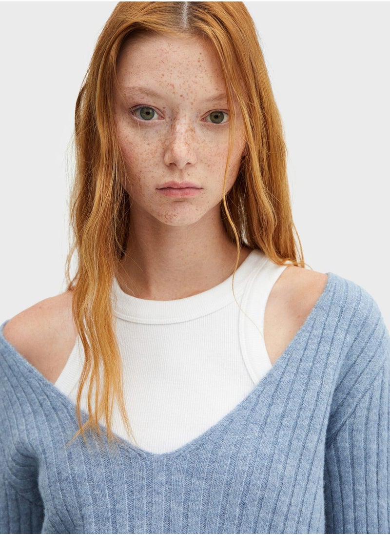 MANGO - V-Neck Ribbed Sweater - Image 1