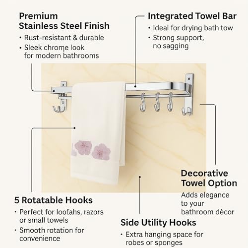 JIALTO Stainless Steel Wall Mounted 24 Inch Towel Rack with 3 Hooks | Rustproof Bathroom Hangers for Clothes & Towel | Space Saving, Heavy Duty Towel Bar for Bathroom, Chrome Finish - Image 4