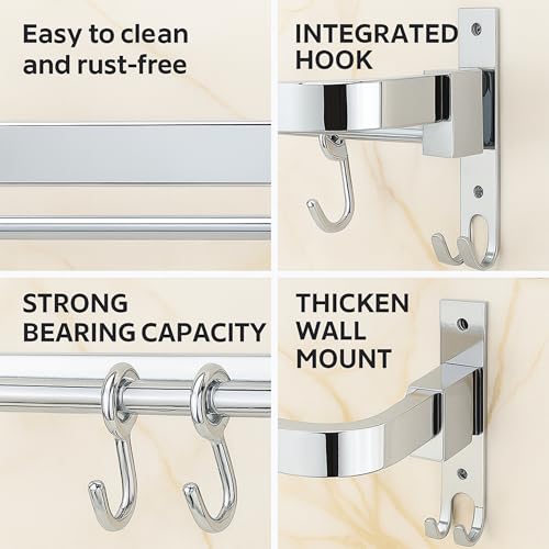 JIALTO Stainless Steel Wall Mounted 24 Inch Towel Rack with 3 Hooks | Rustproof Bathroom Hangers for Clothes & Towel | Space Saving, Heavy Duty Towel Bar for Bathroom, Chrome Finish - Image 3
