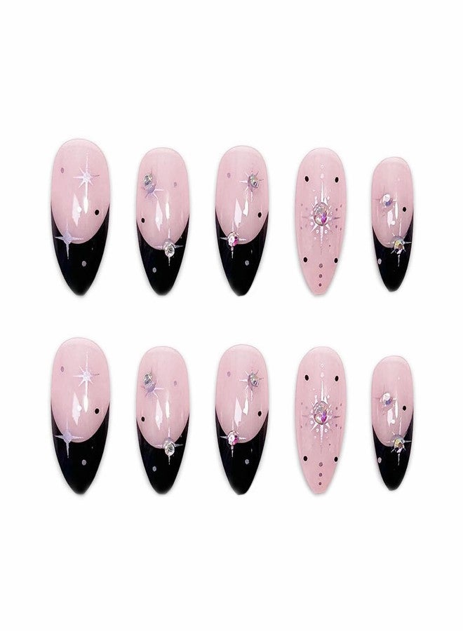 MISUD Press on Nails - Medium Almond Glue on Nails with Black French Tip, Acrylic Rhinestone Design 24 pcs - Image 2