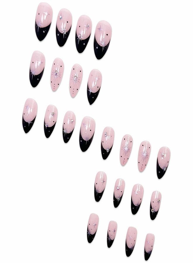 MISUD Press on Nails - Medium Almond Glue on Nails with Black French Tip, Acrylic Rhinestone Design 24 pcs - Image 3