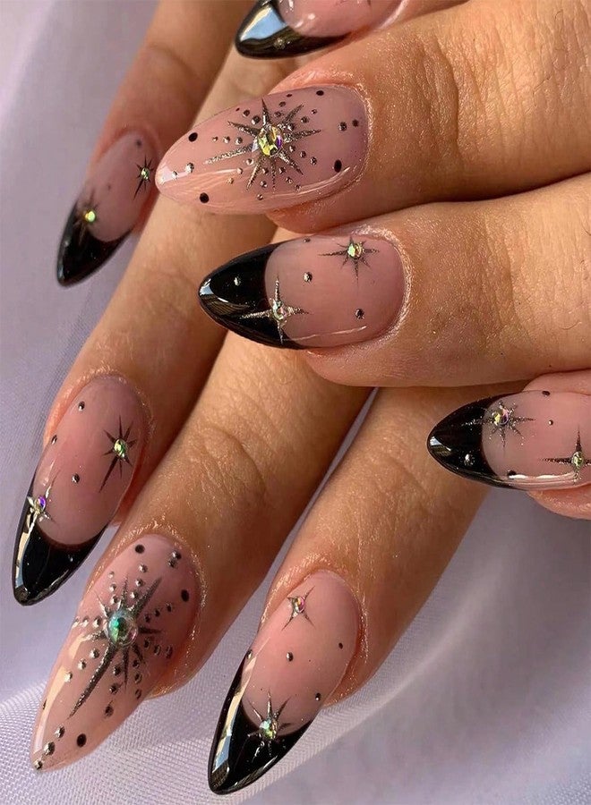 MISUD Press on Nails - Medium Almond Glue on Nails with Black French Tip, Acrylic Rhinestone Design 24 pcs - Image 1