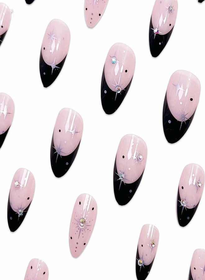 MISUD Press on Nails - Medium Almond Glue on Nails with Black French Tip, Acrylic Rhinestone Design 24 pcs - Image 4