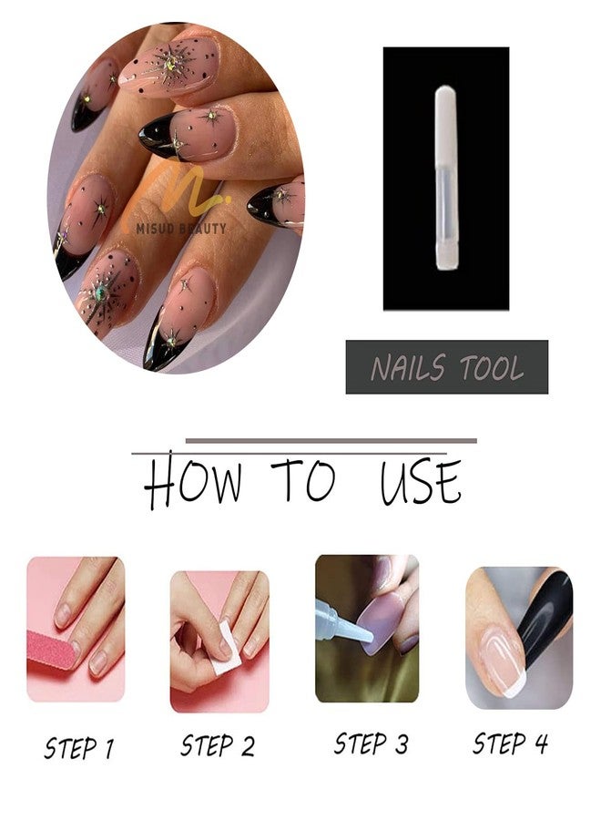 MISUD Press on Nails - Medium Almond Glue on Nails with Black French Tip, Acrylic Rhinestone Design 24 pcs - Image 5