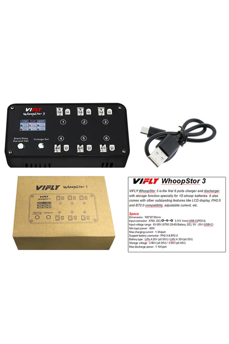 BLACK V3 NEW VIFLY WhoopStor 3 V3 6 Ports 1S LIPO LiHV Battery Charger Discharger Storage LCD TYPE-C