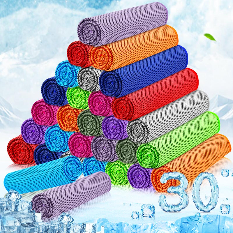 MENOLY 30 Packs Cooling Towels Bulk Cooling Towels for Neck and Face Gym Workout Cooling Neck Rags for Sports Yoga Soft Microfiber Breathable Sweat Rags for Hiking Running FitnessMulticolor