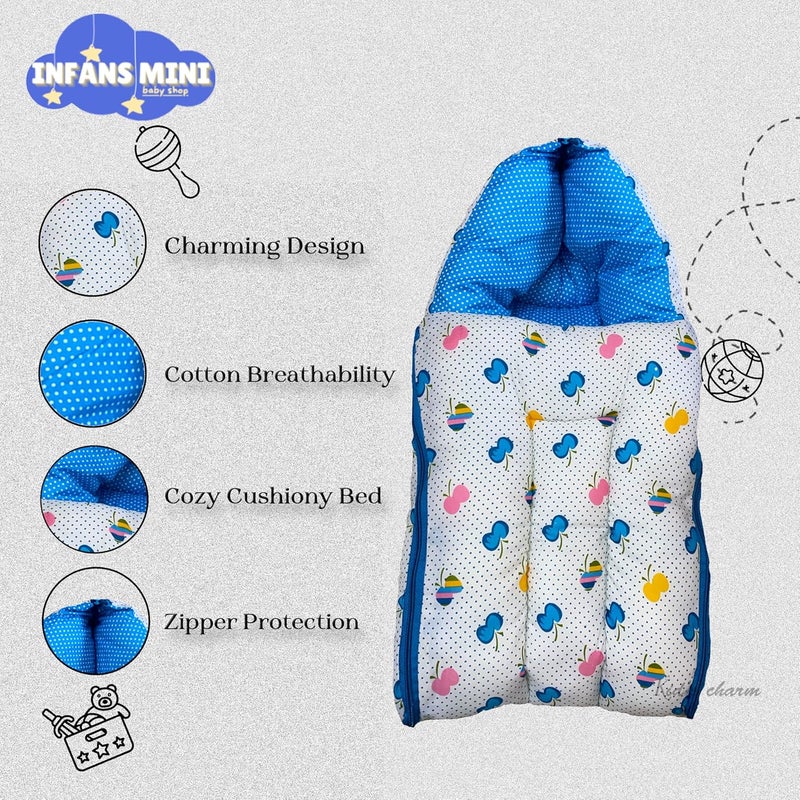 Infans Mini Cherry Mini 3 in 1 Babys Cotton Bed Cum Carry Bed Printed Baby Sleeping BagBaby BedInfant Portable for Unisex Easily Portable Light Weight Carry for New Born 04 Months Old Blue - Image 4