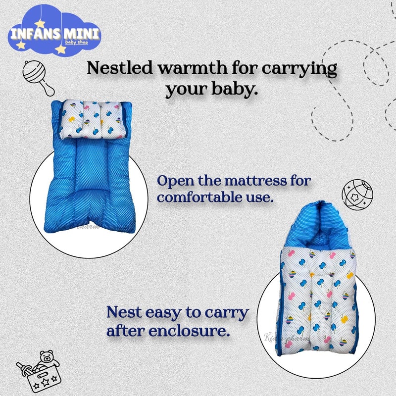 Infans Mini Cherry Mini 3 in 1 Babys Cotton Bed Cum Carry Bed Printed Baby Sleeping BagBaby BedInfant Portable for Unisex Easily Portable Light Weight Carry for New Born 04 Months Old Blue - Image 3