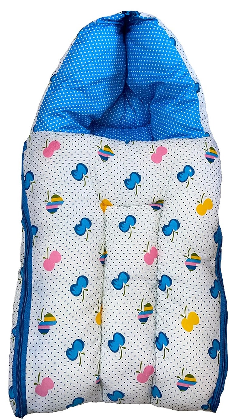 Infans Mini Cherry Mini 3 in 1 Babys Cotton Bed Cum Carry Bed Printed Baby Sleeping BagBaby BedInfant Portable for Unisex Easily Portable Light Weight Carry for New Born 04 Months Old Blue - Image 1