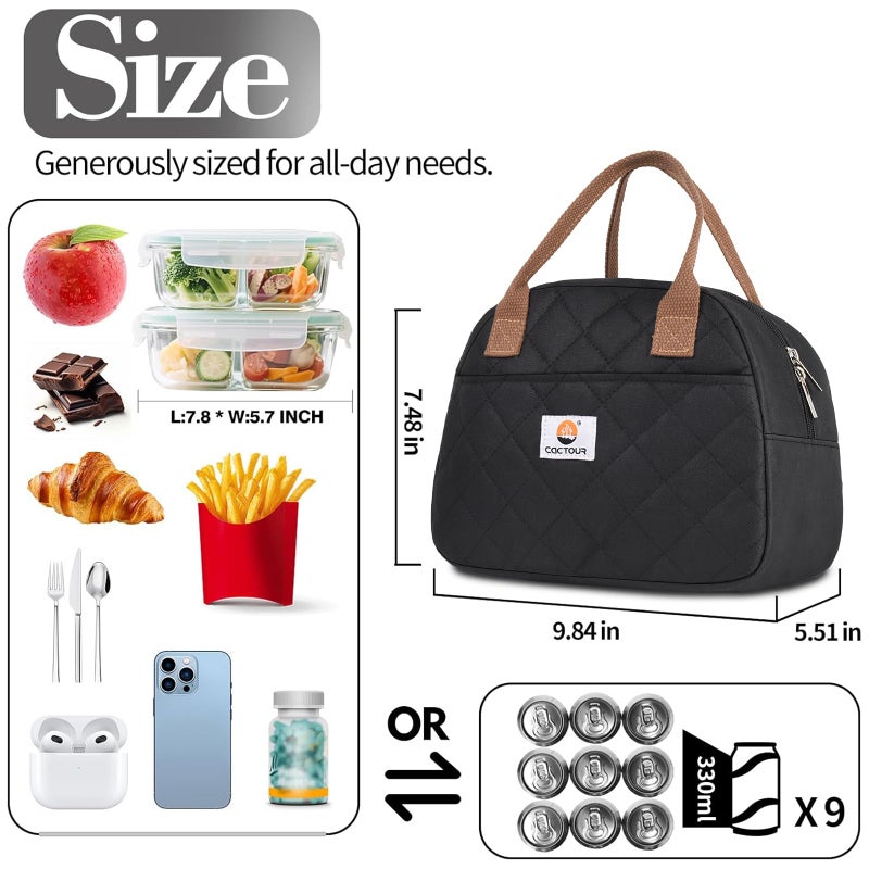 CaCTOUR Lunch Bag Women,Insulated Quilted Lunch Bag, Small Portable Cute Lunch Box,Cooler Bag Reusable Lunch Tote for Work/Travel/Picnic (Black) - Image 3