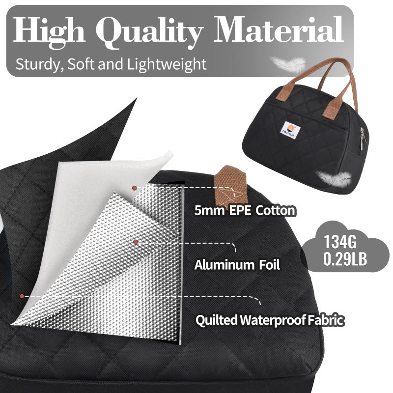 CaCTOUR Lunch Bag Women,Insulated Quilted Lunch Bag, Small Portable Cute Lunch Box,Cooler Bag Reusable Lunch Tote for Work/Travel/Picnic (Black) - Image 4