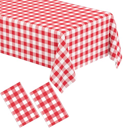 WNINK 2 Pack Red Gingham Tablecloth Rectangular Red and White Checkered Tablecloths Disposable Plastic Red Plaid Table Cover for Parties, Christmas, Outdoor Picnic, Birthday, Wedding, Camping 54 × 108 - Image 1