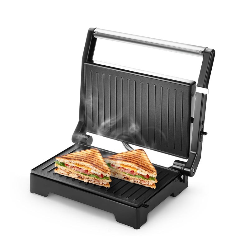 Longway Crisp Master 1000 W Electric Panini Sandwich Maker Grill Toaster Nonstick Coating Cast Aluminum Plates Adjustable Height Control Floating Hinges Metallic Silver - Image 1