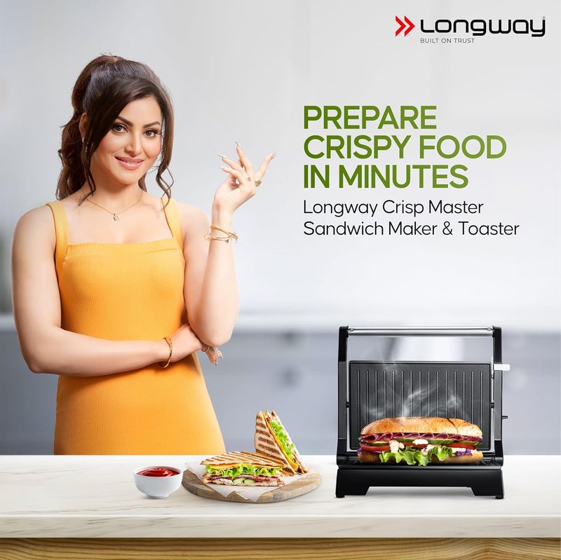 Longway Crisp Master 1000 W Electric Panini Sandwich Maker Grill Toaster Nonstick Coating Cast Aluminum Plates Adjustable Height Control Floating Hinges Metallic Silver - Image 2